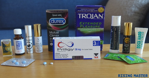 photo of different desensitizing sprays, numbing condoms and erectile dysfunction treatments together
