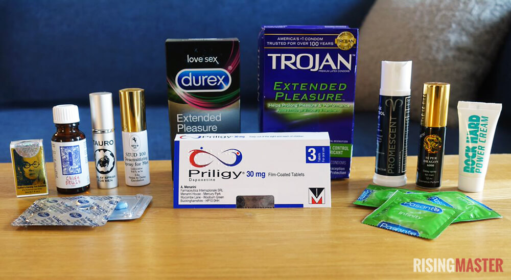 photo of over the counter treatments for premature ejaculation, including priligy, condoms, and seven desensitizing sprays